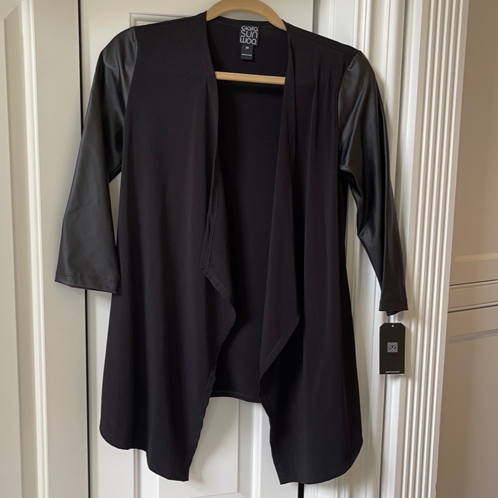 Clara Sunwoo Black cardigan w/ faux leather sleeve